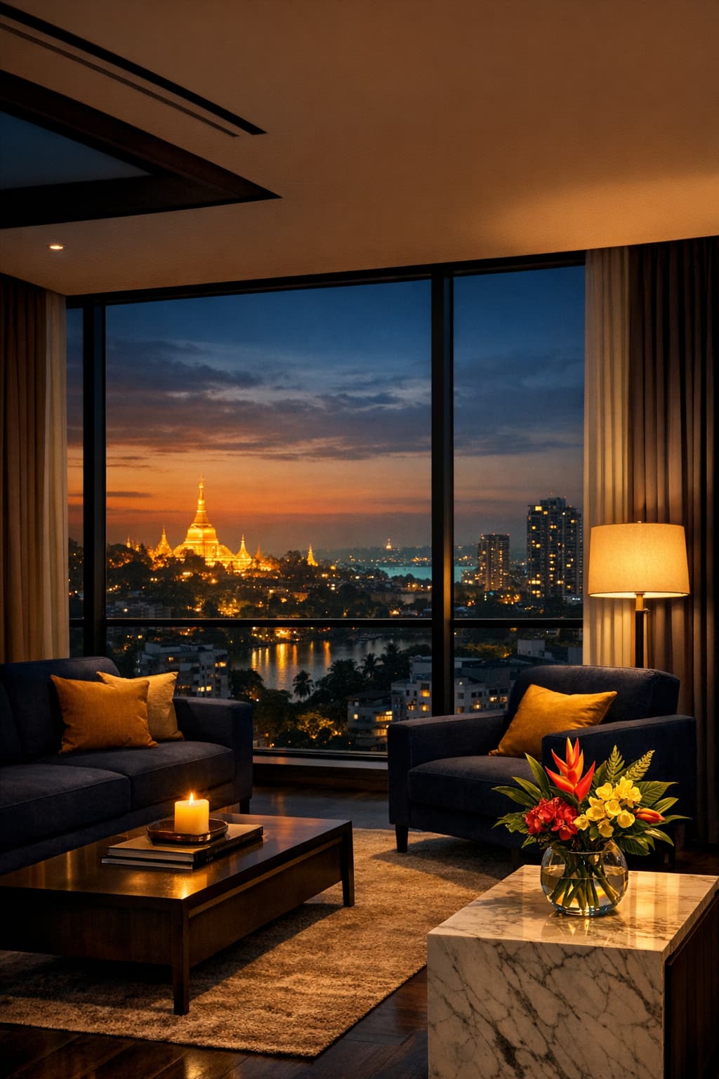 Warm golden-lit modern condominium living room in Yangon at dusk with a sweeping city skyline view through floor-to-ceiling windows