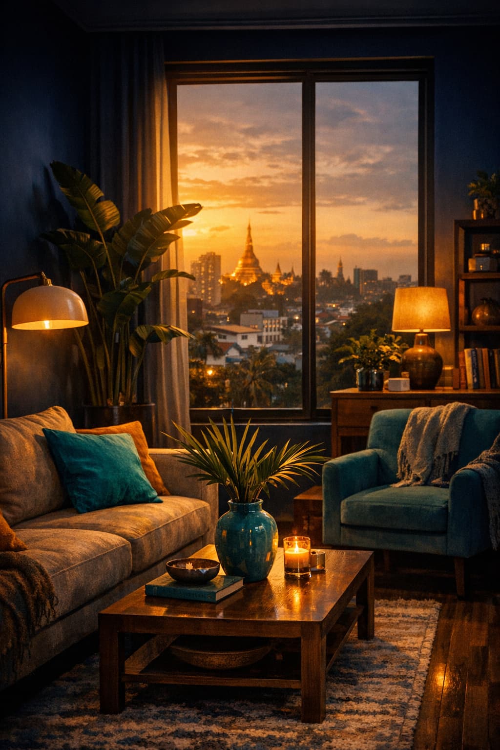 A warm and aspirational modern apartment living room in Yangon with deep navy tones, golden hour light, and teal accent details